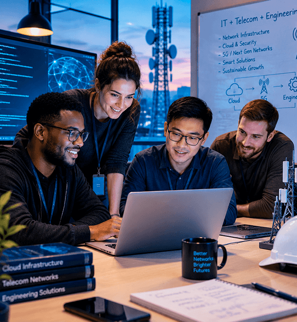 Equipe de TI, Telecom e Engenharia reunida em torno de um notebook